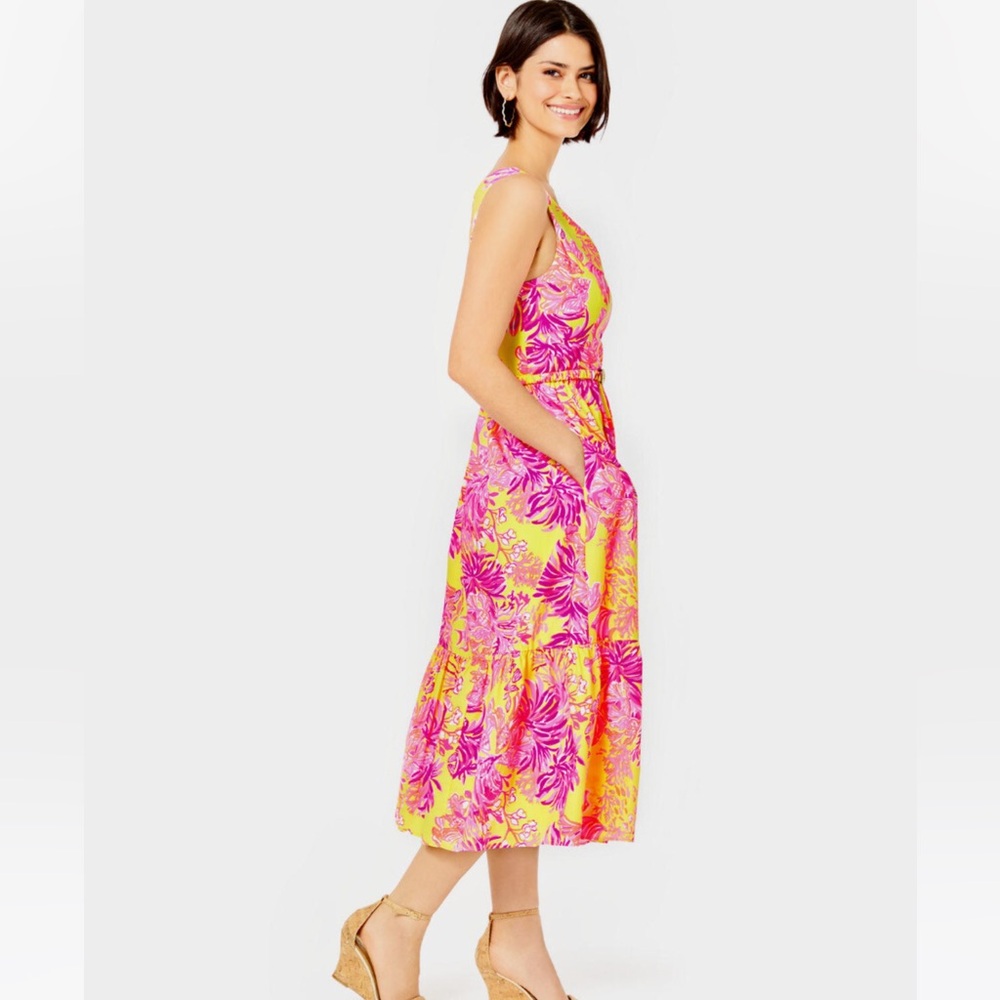 Lilly Pulitzer Bri V-Neck Cotton Midi-Dress - Calla Yellow Floral Coral - Size 4 - Picture 3 of 11